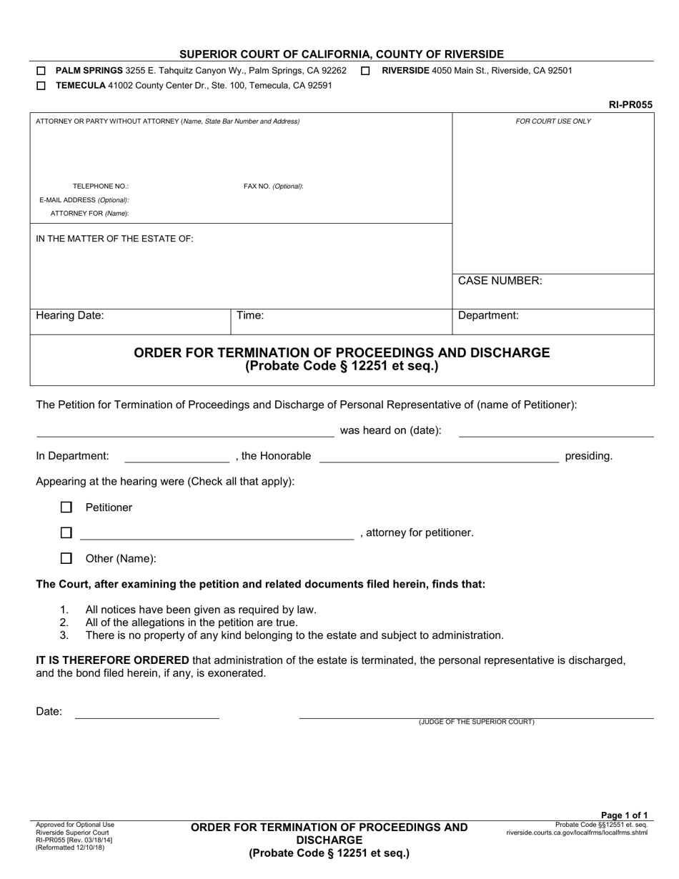 Form RI-PR055 Order for Termination of Proceedings and Discharge - County of Riverside, California, Page 1