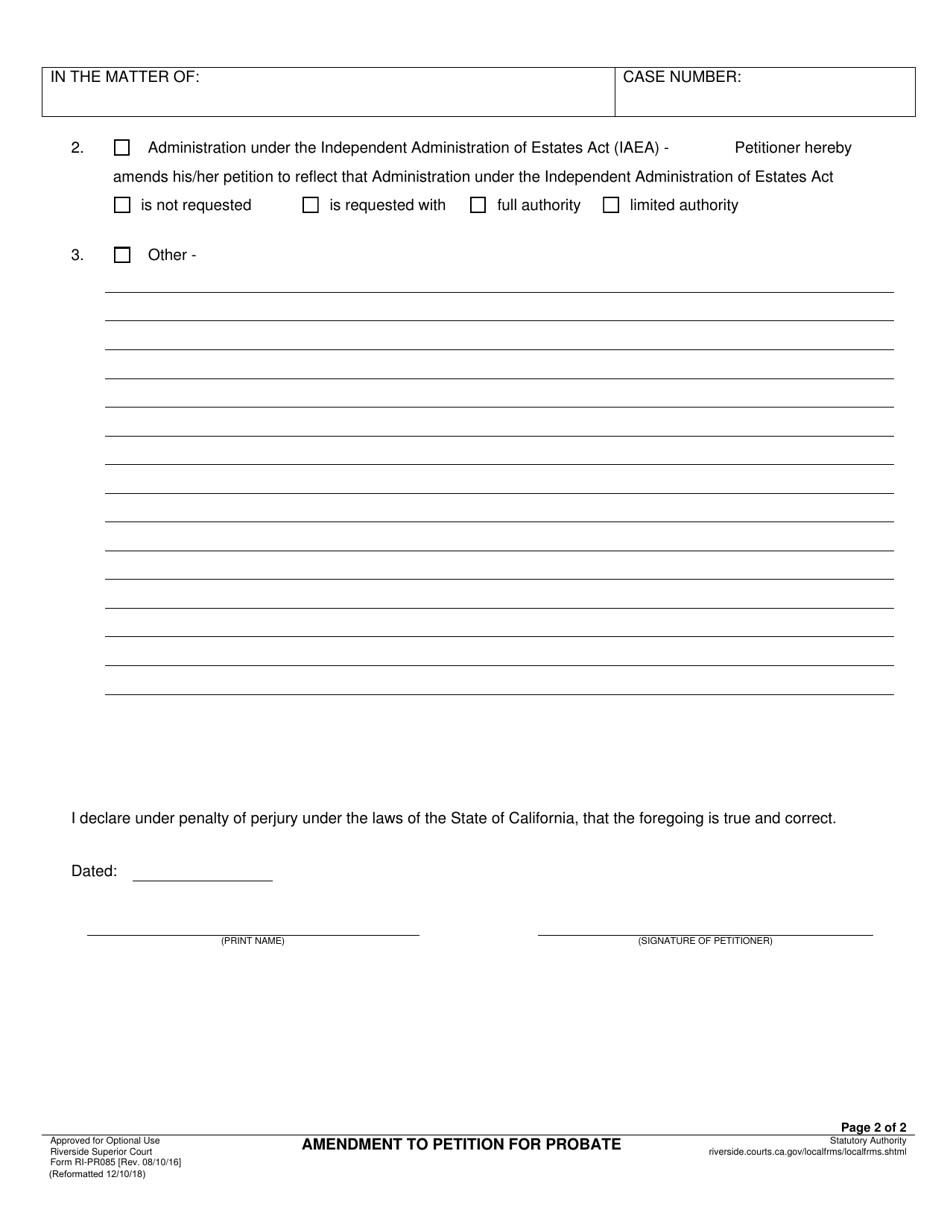 Form RI-PR085 Amendment to Petition for Probate - County of Riverside, California, Page 2