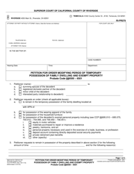 Document preview: Form RI-PR079 Petition for Order Modifying Period of Temporary Possession of Family Dwelling and Exempt Property - County of Riverside, California