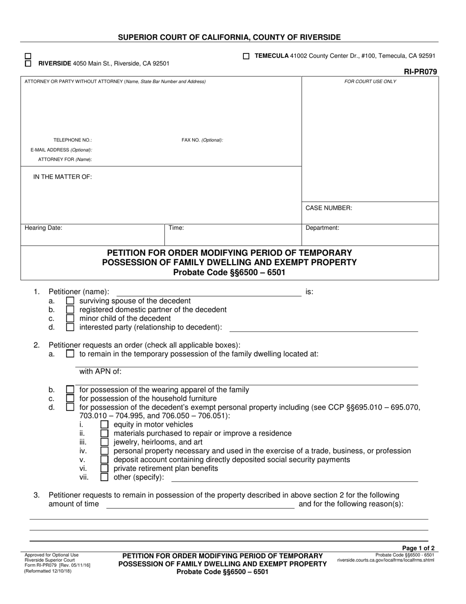 Form RI-PR079 Petition for Order Modifying Period of Temporary Possession of Family Dwelling and Exempt Property - County of Riverside, California, Page 1