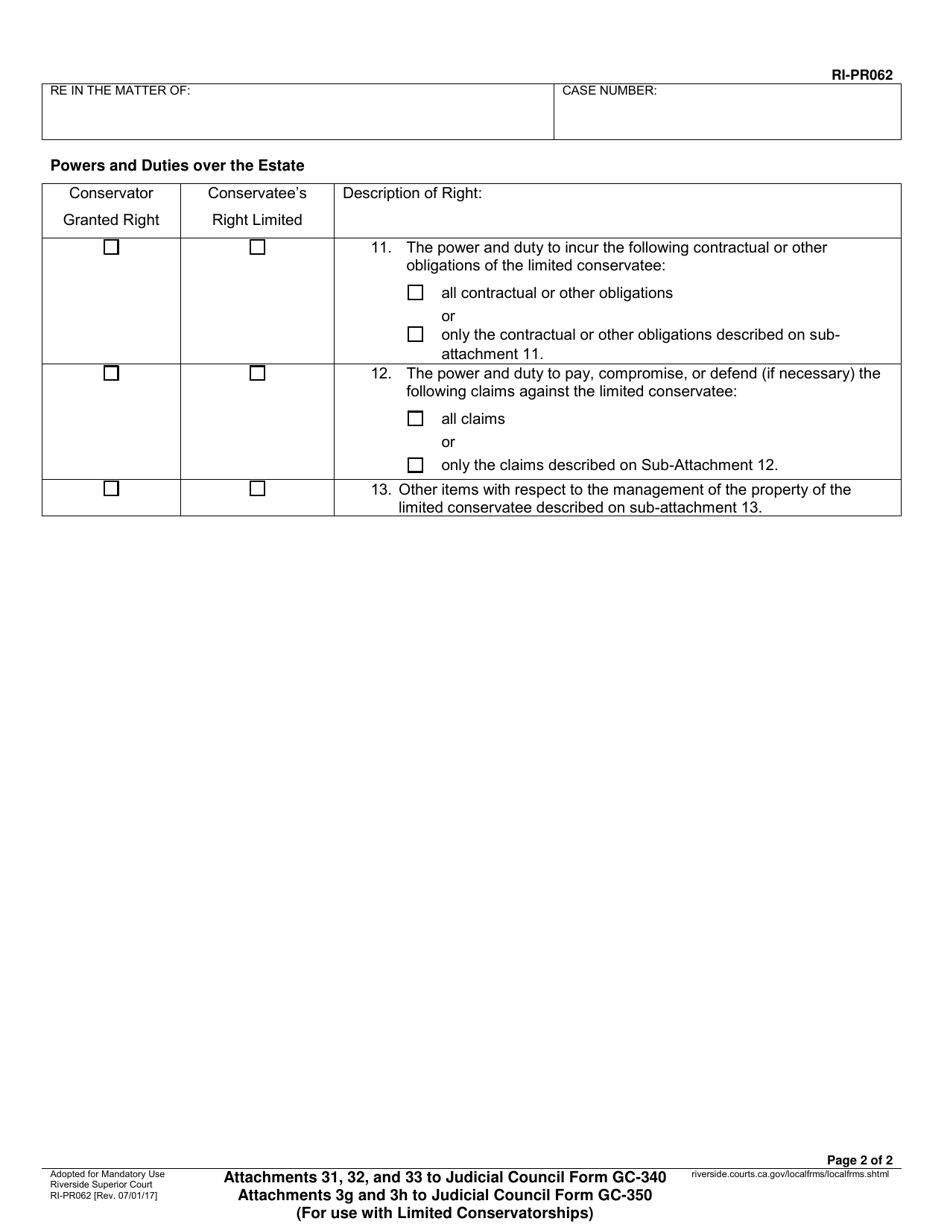 Form RI-PR062 Attachments 31, 32, and 33 to Judicial Council Form Gc-340 / Attachments 3g and 3h to Judicial Council Form Gc-350 (For Use With Limited Conservatorships) - County of Riverside, California, Page 2