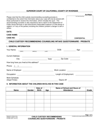 Form RI-PR091 Child Custody Recommending Counseling Intake Questionnaire - Probate - County of Riverside, California