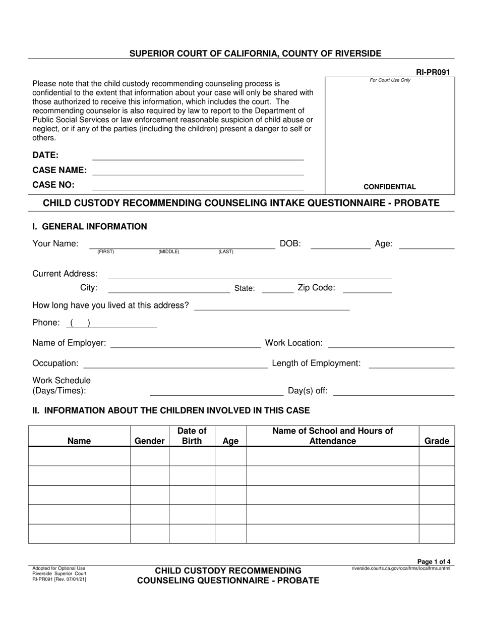 Form RI-PR091 Child Custody Recommending Counseling Intake Questionnaire - Probate - County of Riverside, California, Page 1