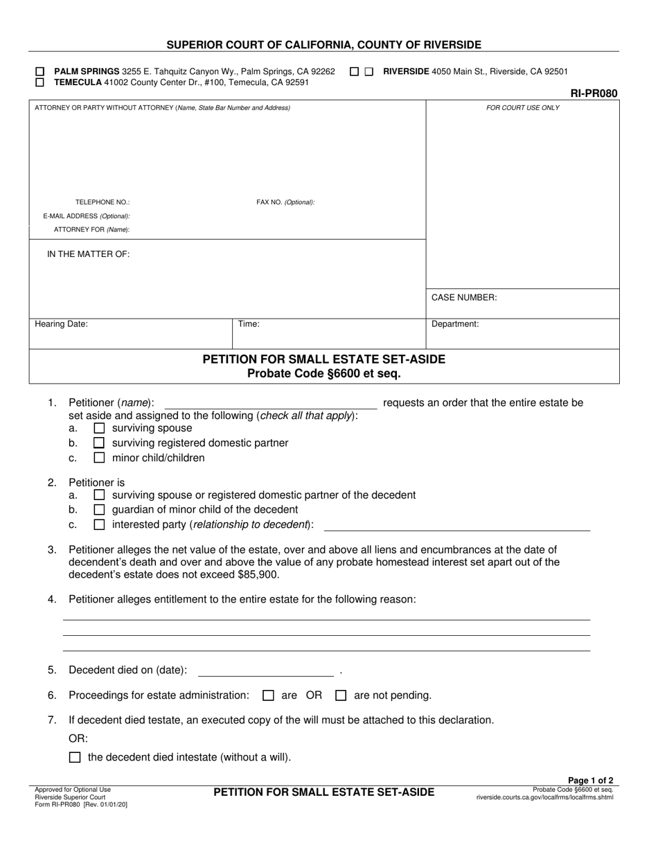 Form RI-PR080 Petition for Small Estate Set-Aside - County of Riverside, California, Page 1