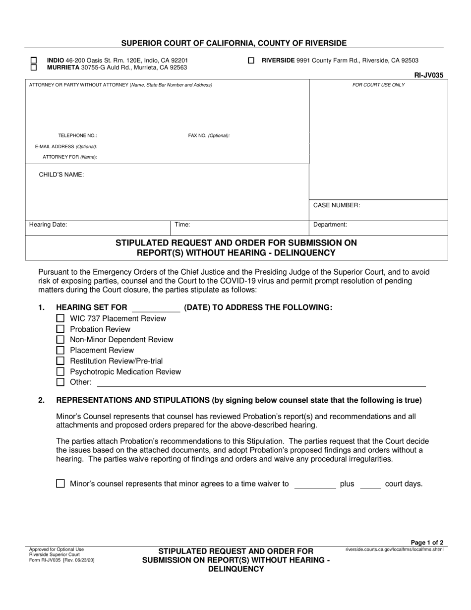 Submit Ri Form RI-JV035 - Fill Out, Sign Online and Download Fillable PDF, County ...