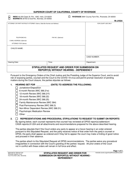 Form RI-JV034 Stipulated Request and Order for Submission on Report(S) Without Hearing - Dependency - County of Riverside, California