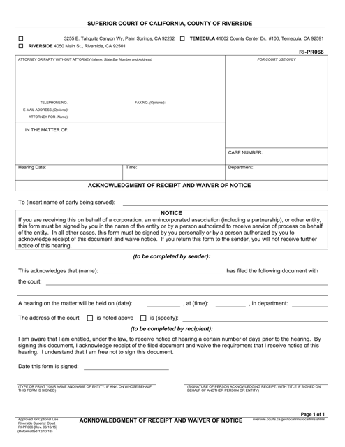 Form RI-PR066 Acknowledgement of Receipt and Waiver of Notice - County of Riverside, California