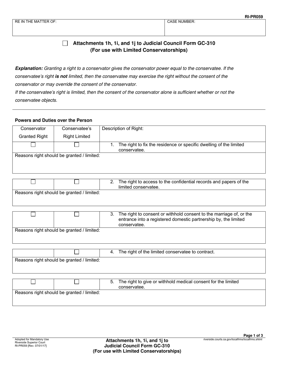 Form RI-PR059 Attachments 1h, 1i, and 1j to Judicial Council Form Gc-310 (For Use With Limited Conservatorships) - County of Riverside, California, Page 1