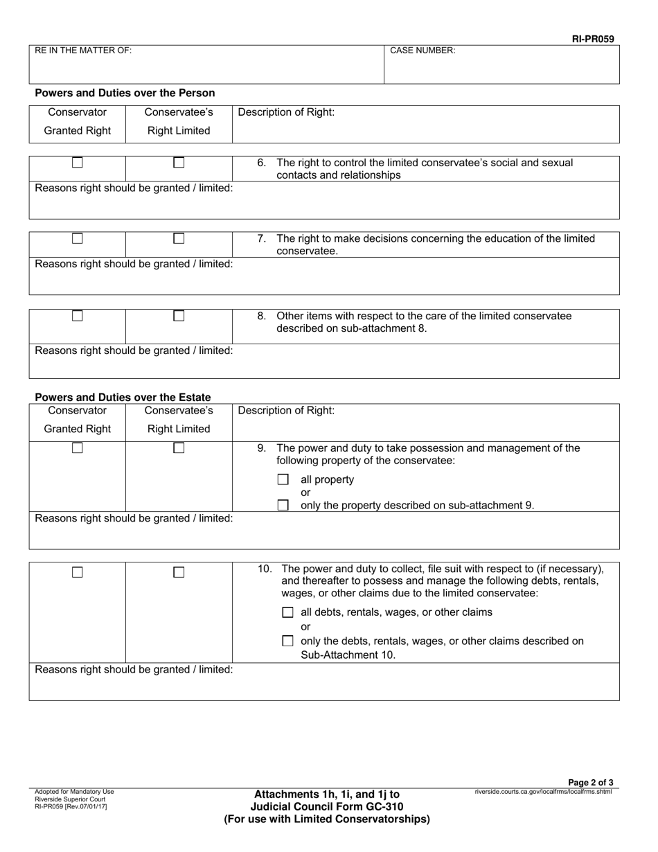 Form RI-PR059 Attachments 1h, 1i, and 1j to Judicial Council Form Gc-310 (For Use With Limited Conservatorships) - County of Riverside, California, Page 2