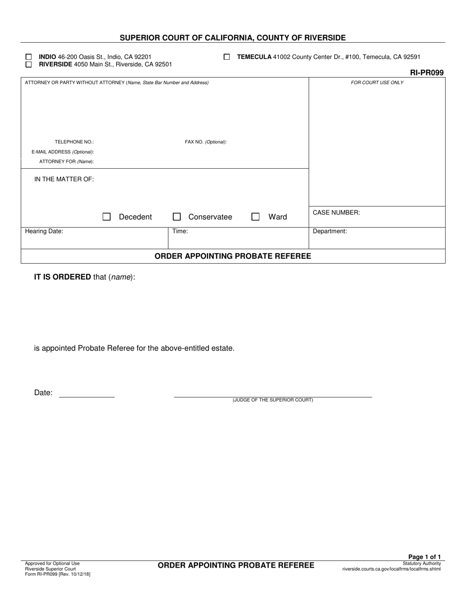 Form RI-PR099 Order Appointing Probate Referee - County of Riverside, California, Page 1