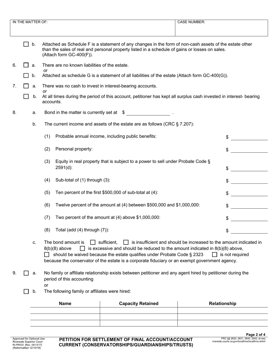 Form RI-PR033 Petition for Settlement of Final Account / Account Current (Conservatorships / Guardianships / Trusts) - County of Riverside, California, Page 2