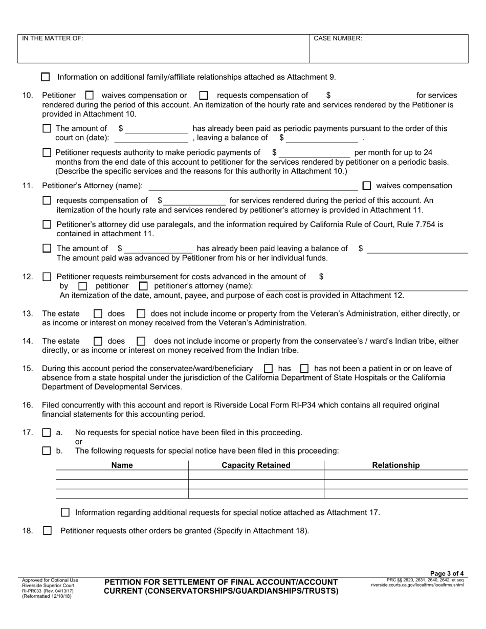Form RI-PR033 Petition for Settlement of Final Account / Account Current (Conservatorships / Guardianships / Trusts) - County of Riverside, California, Page 3