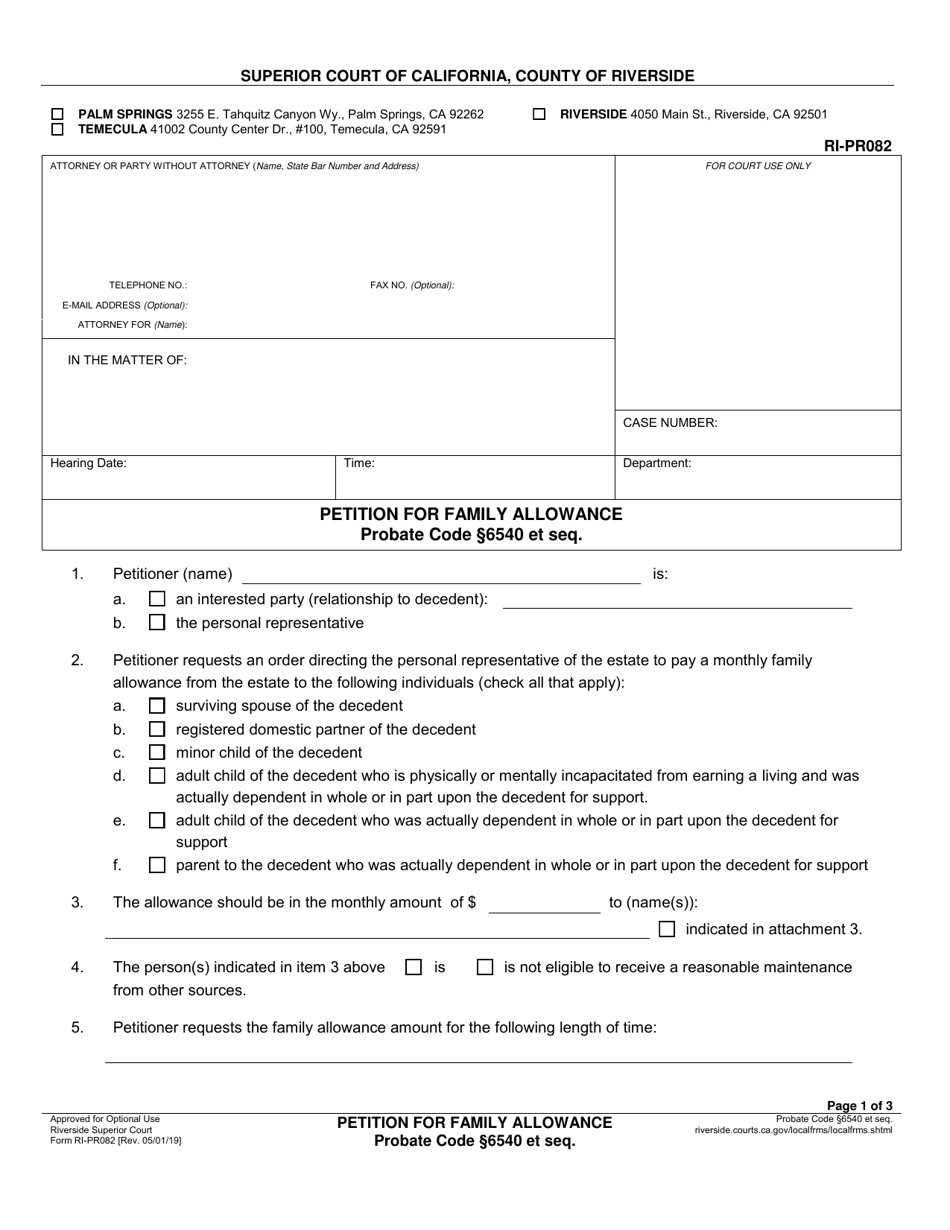 Form RI-PR082 Petition for Family Allowance - County of Riverside, California, Page 1