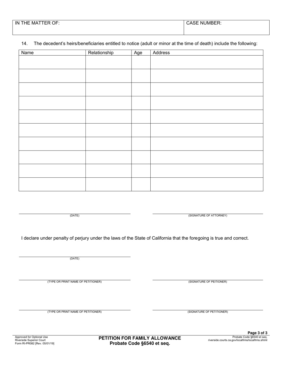 Form RI-PR082 Petition for Family Allowance - County of Riverside, California, Page 3