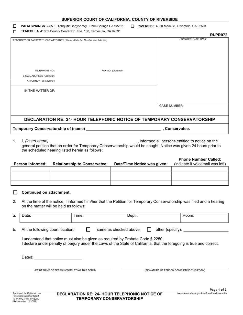 Form RI-PR072 Declaration Re: 24-hour Telephonic Notice of Temporary Conservatorship - County of Riverside, California, Page 1