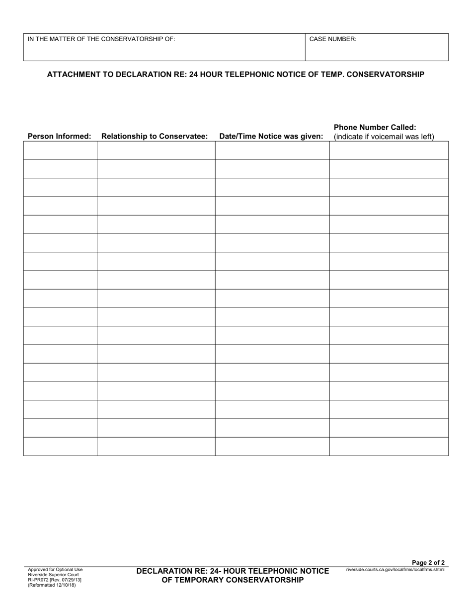 Form RI-PR072 Declaration Re: 24-hour Telephonic Notice of Temporary Conservatorship - County of Riverside, California, Page 2