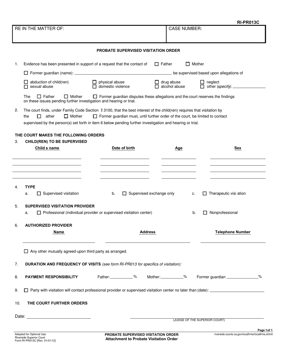 Form RI-PR013C Probate Supervised Visitation Order - County of Riverside, California, Page 1