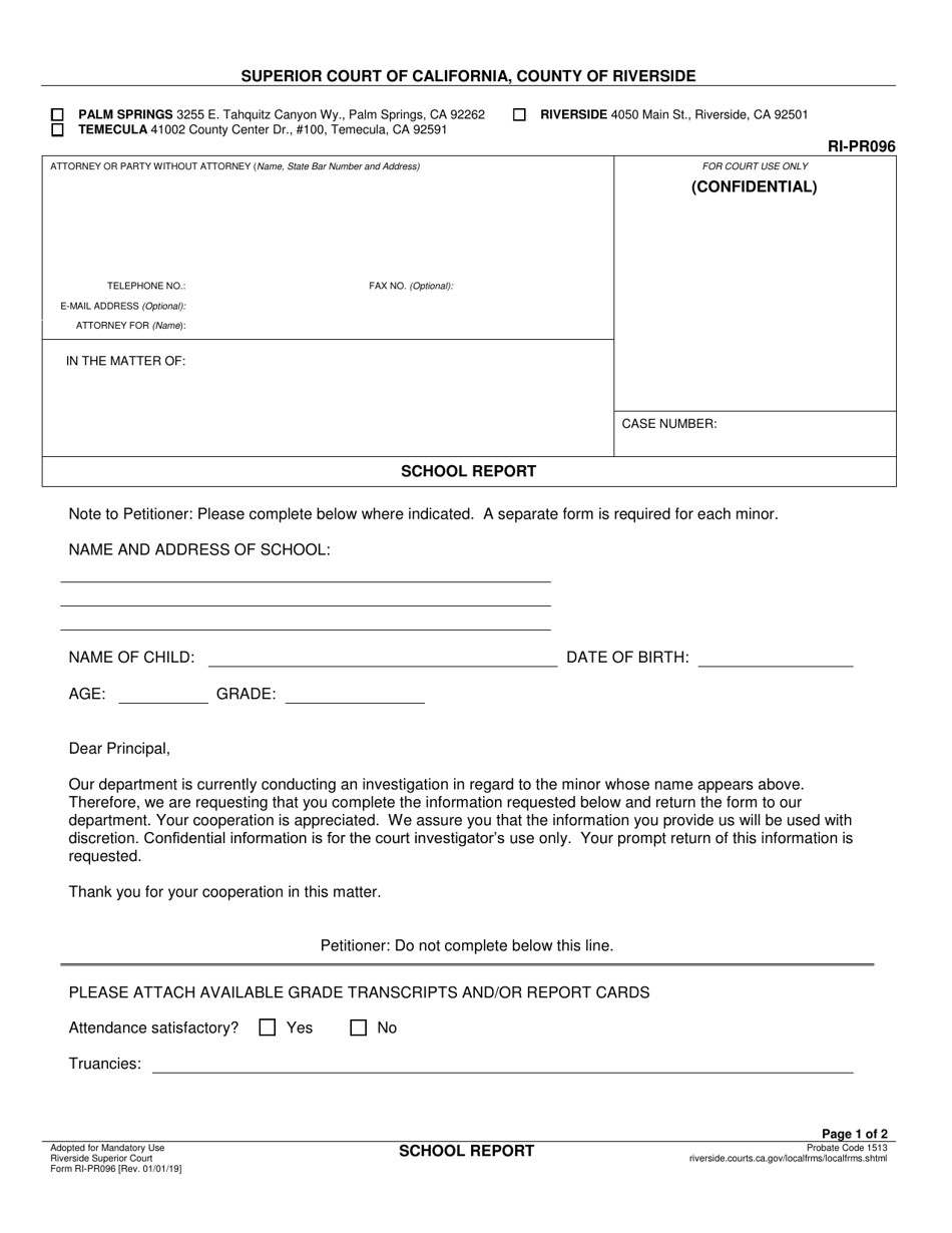 Form RI-PR096 School Report - County of Riverside, California, Page 1