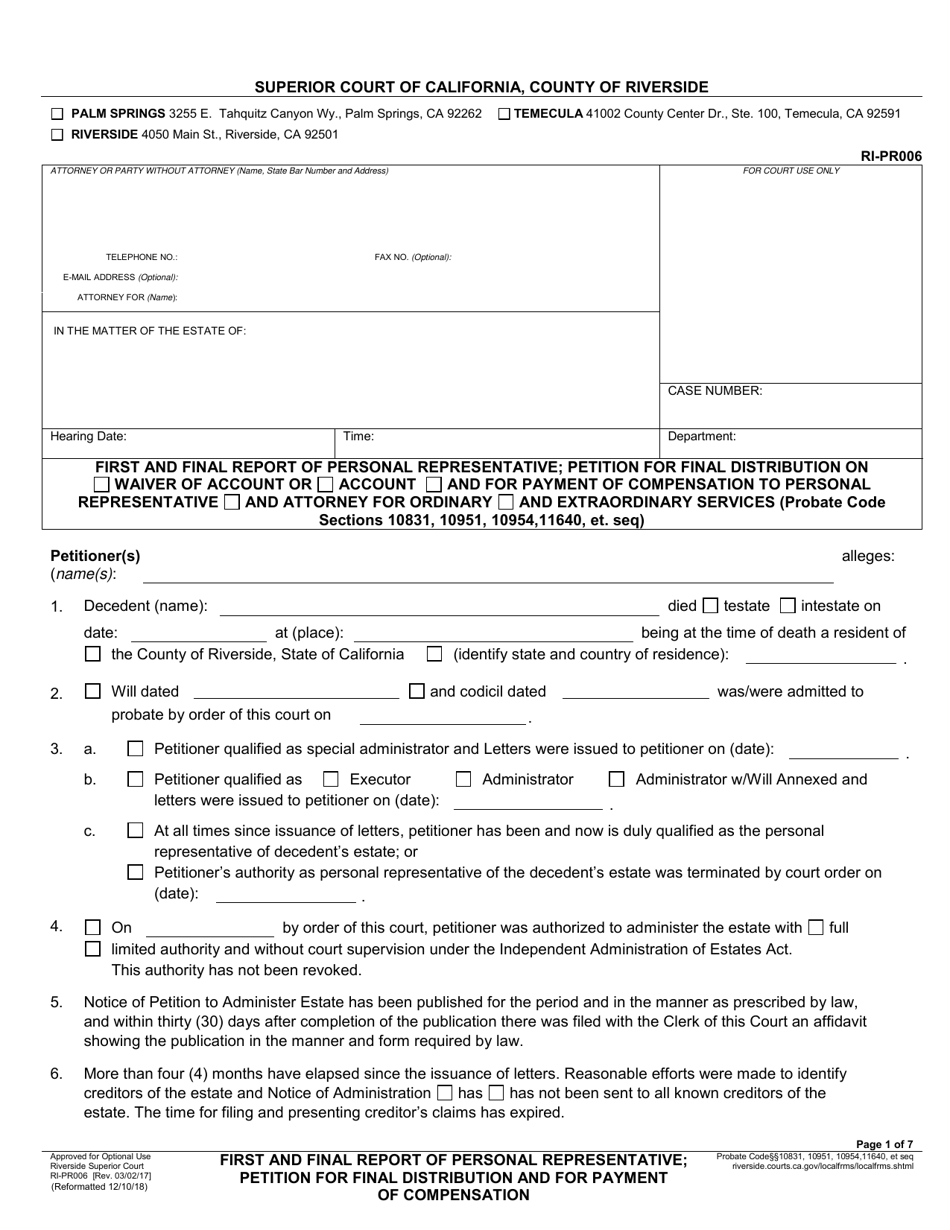 Form RI-PR006 First and Final Report of Personal Representative; Petition for Final Distribution and for Payment of Compensation - County of Riverside, California, Page 1