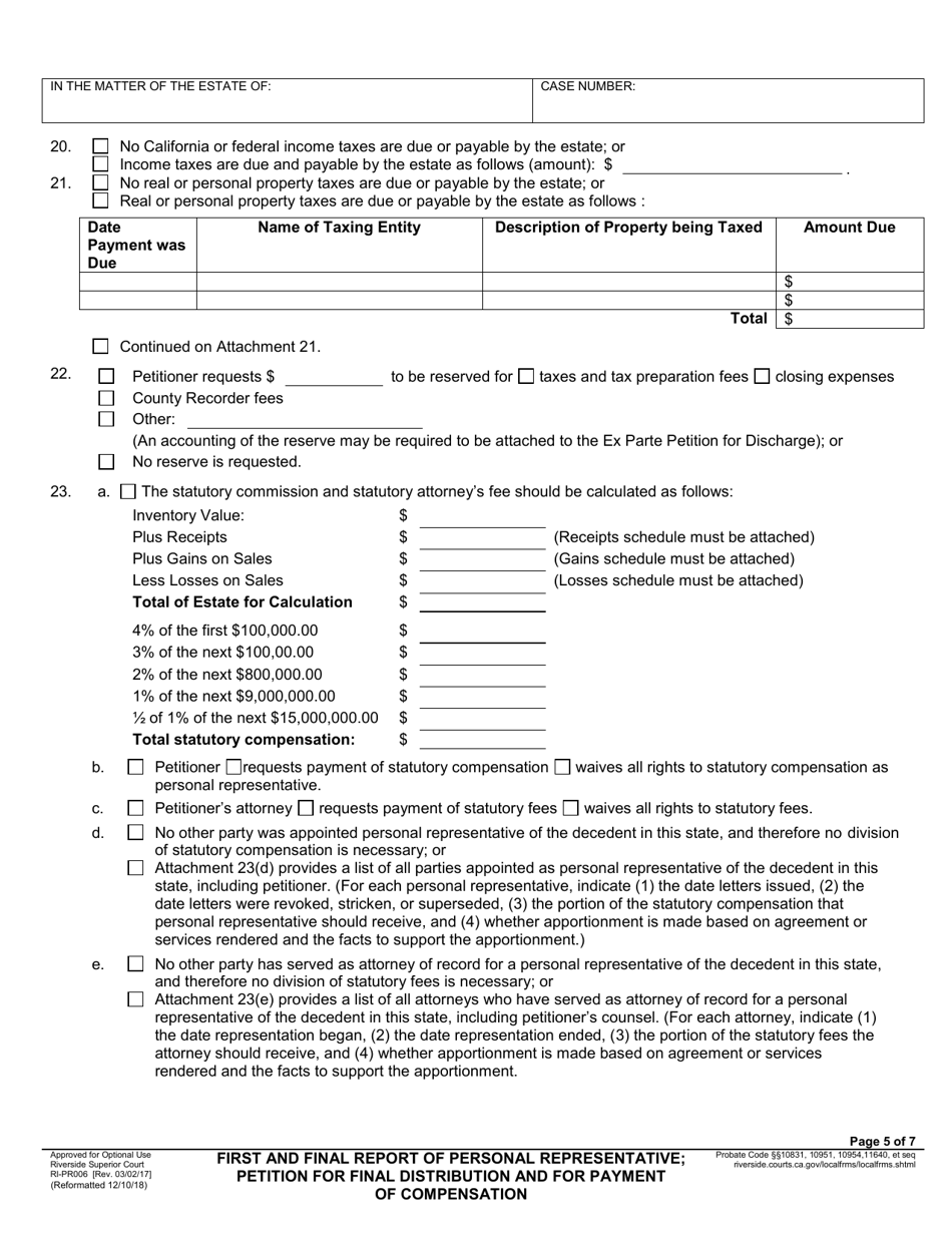 Form RI-PR006 First and Final Report of Personal Representative; Petition for Final Distribution and for Payment of Compensation - County of Riverside, California, Page 5