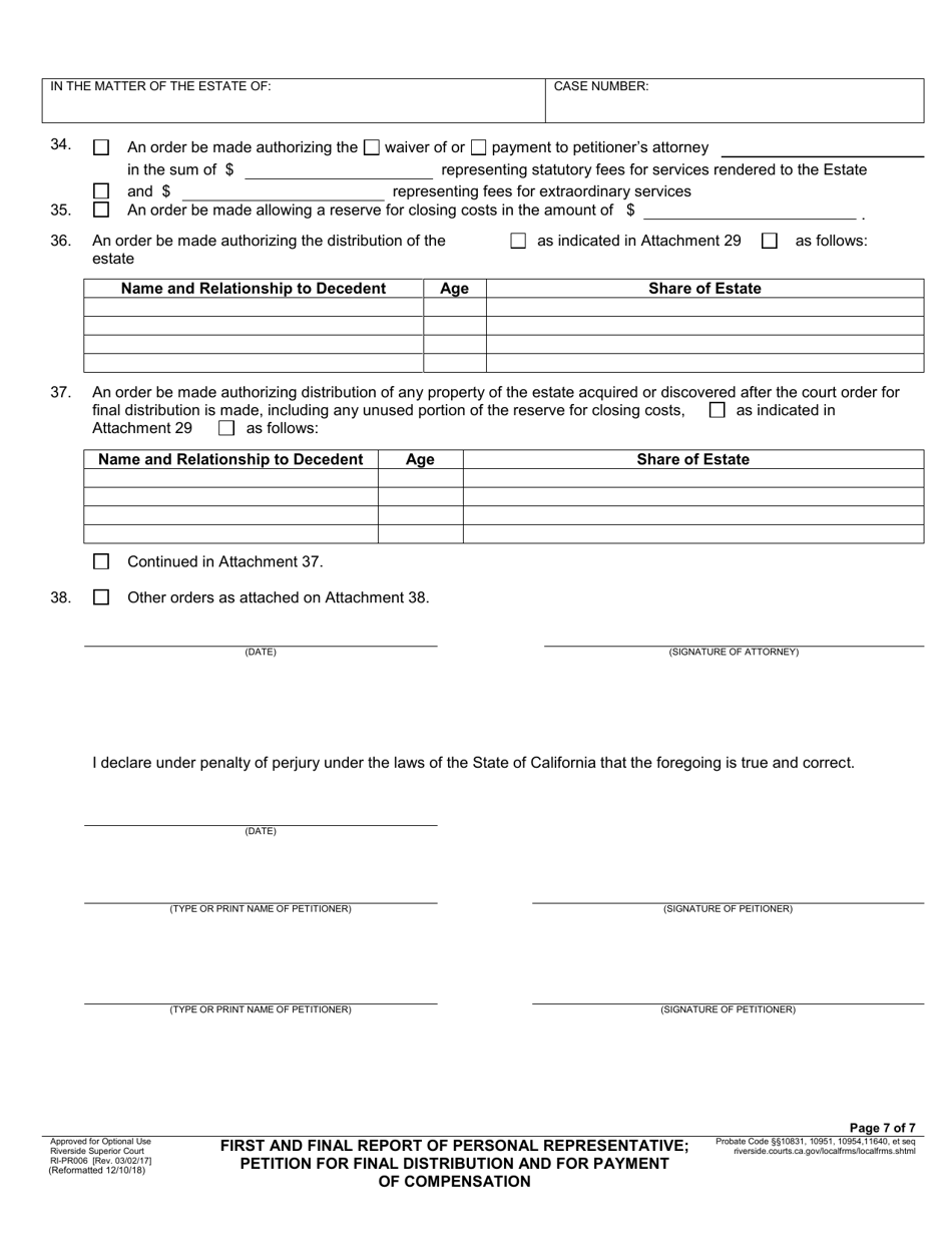 Form RI-PR006 First and Final Report of Personal Representative; Petition for Final Distribution and for Payment of Compensation - County of Riverside, California, Page 7