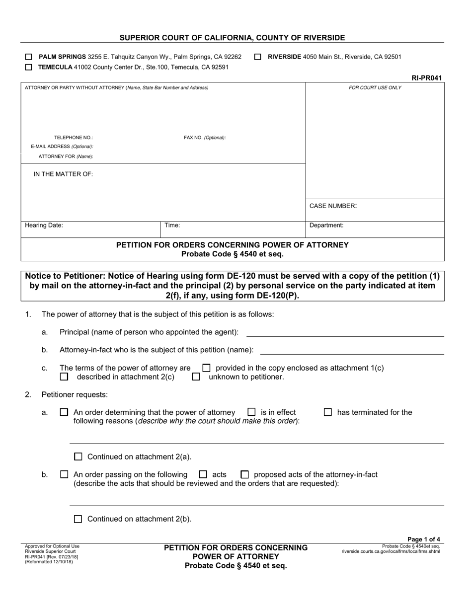 Form RI-PR041 Petition for Orders Concerning Power of Attorney - County of Riverside, California, Page 1