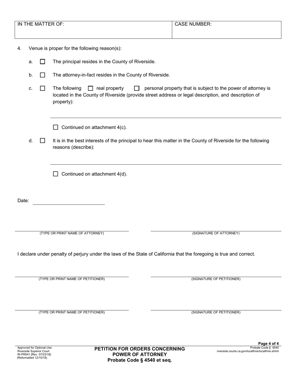 Form RI-PR041 Petition for Orders Concerning Power of Attorney - County of Riverside, California, Page 4