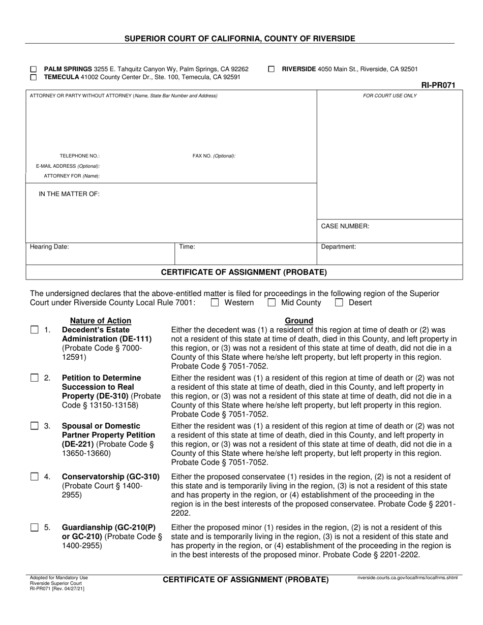 Form RI-PR071 Certificate of Assignment (Probate) - County of Riverside, California, Page 1