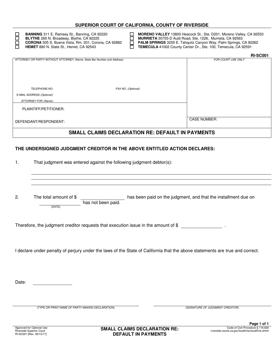 Form RI-SC001 Small Claims Declaration Re: Default in Payments - County of Riverside, California, Page 1