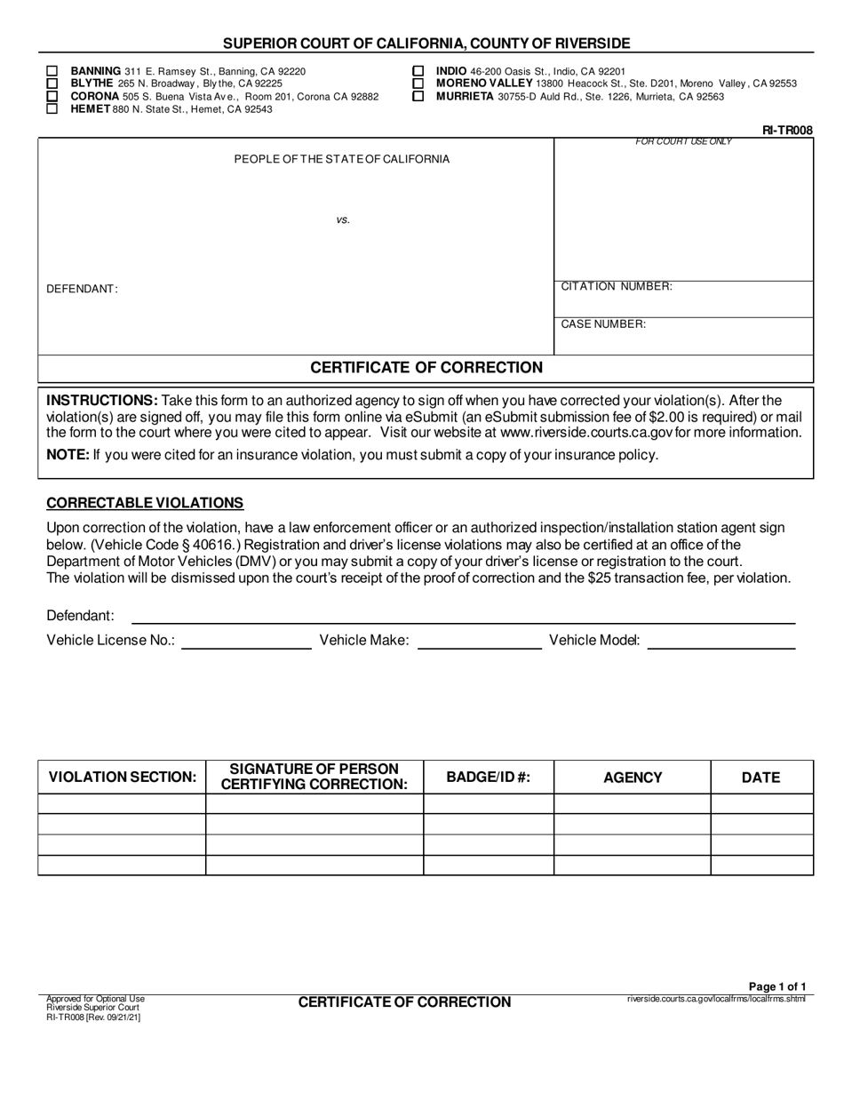 Form RI-TR008 Certificate of Correction - County of Riverside, California, Page 1
