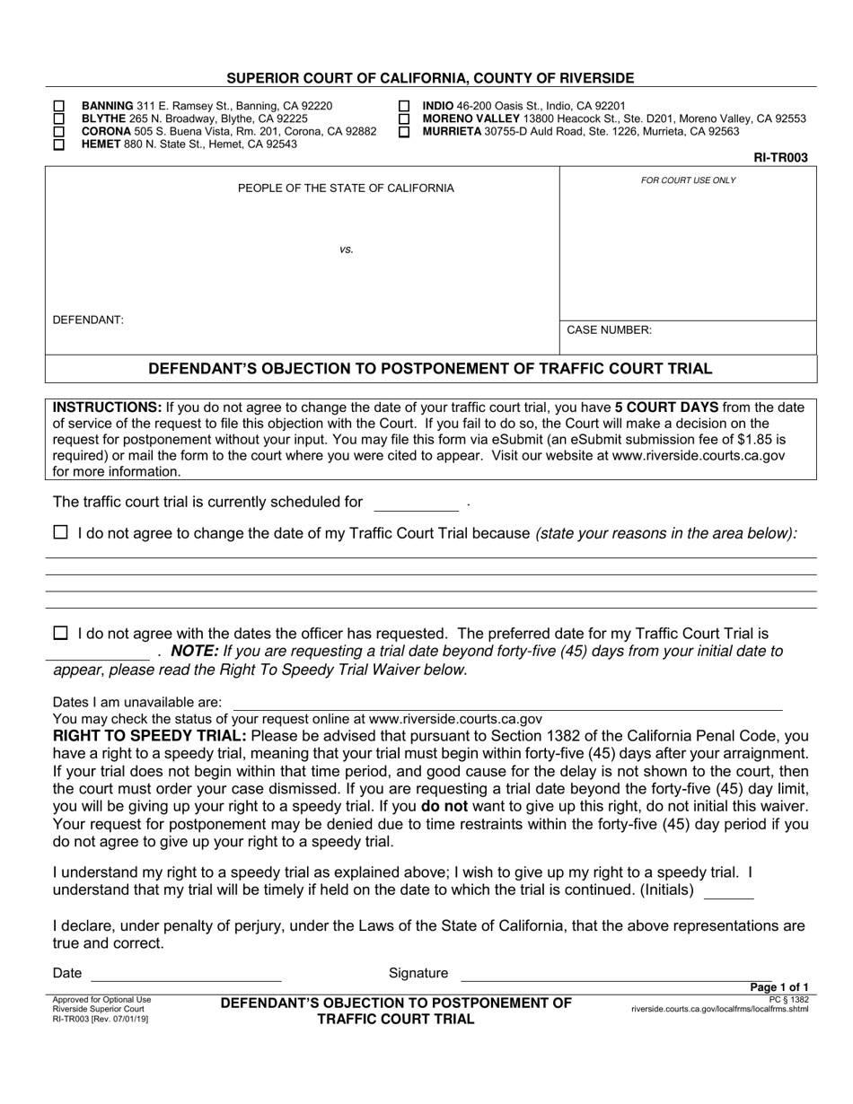 Form RI-TR003 Defendants Objection to Postponement of Traffic Court Trial - County of Riverside, California, Page 1