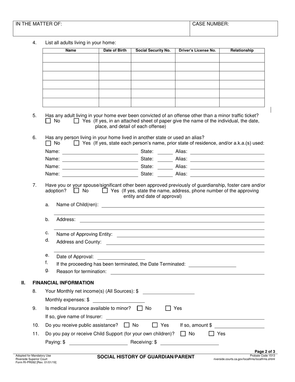 Form RI-PR092 Social History of Guardian / Parent - County of Riverside, California, Page 2