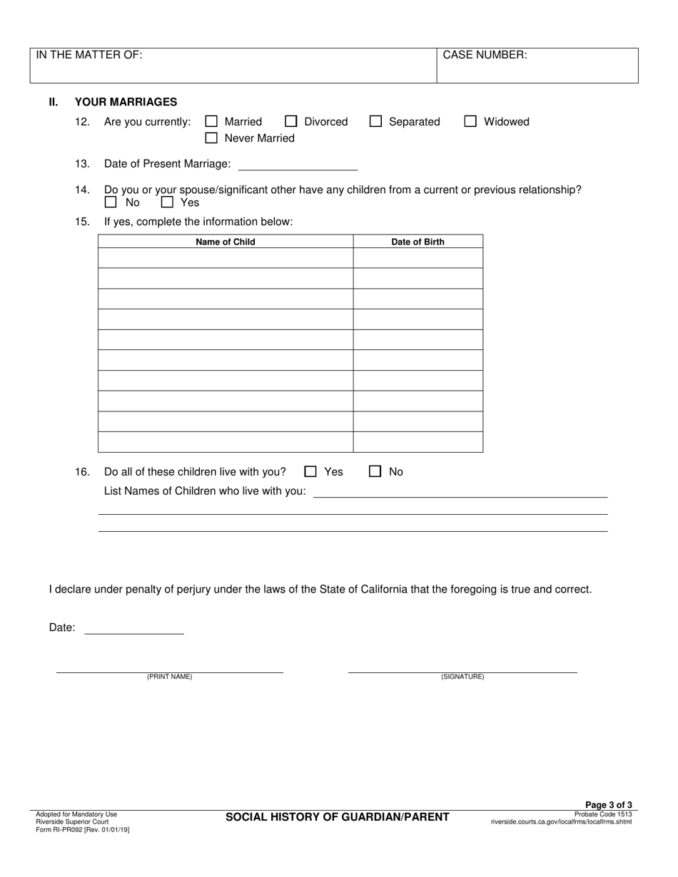 Form RI-PR092 Social History of Guardian / Parent - County of Riverside, California, Page 3