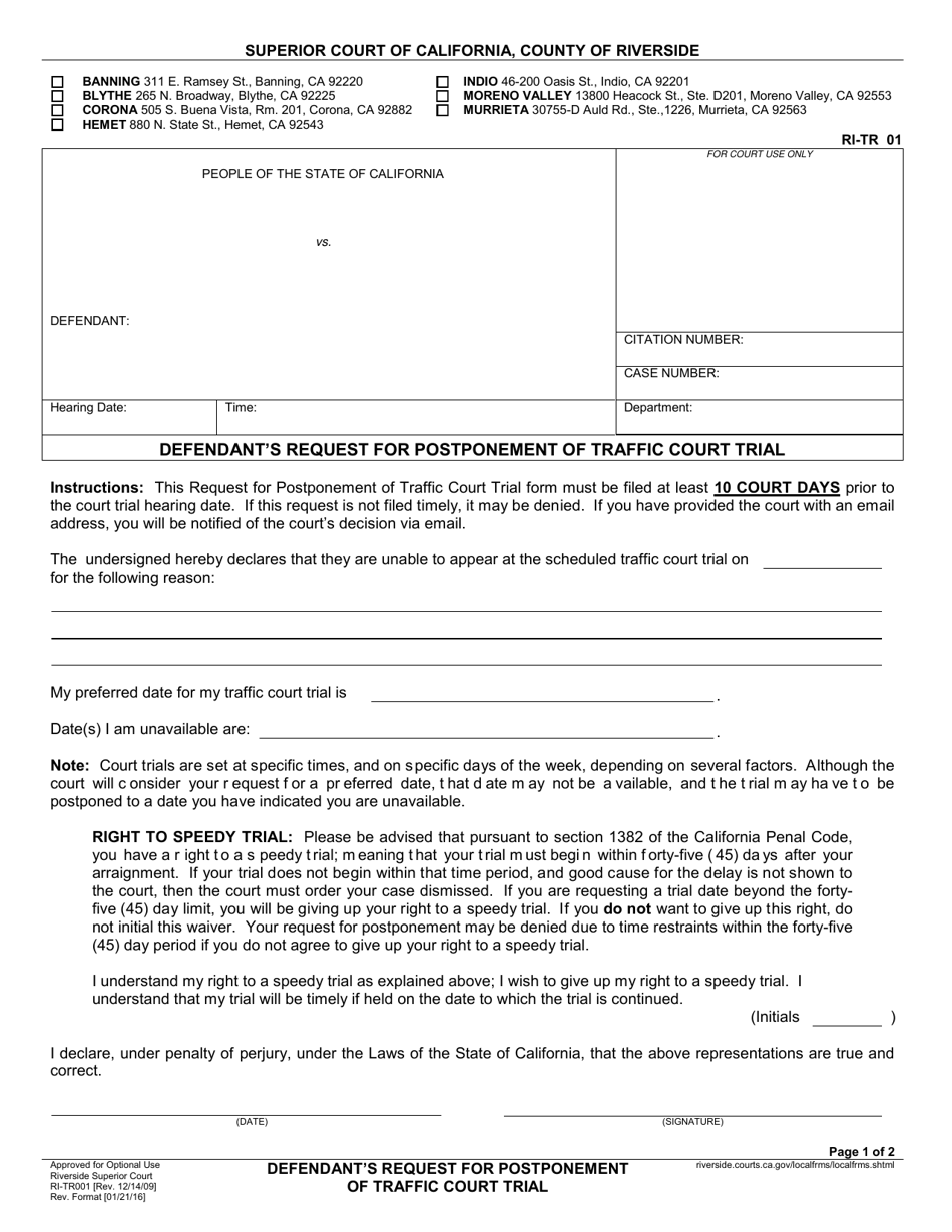 Form RI-TR001 Defendants Request for Postponement of Traffic Court Trial - County of Riverside, California, Page 1