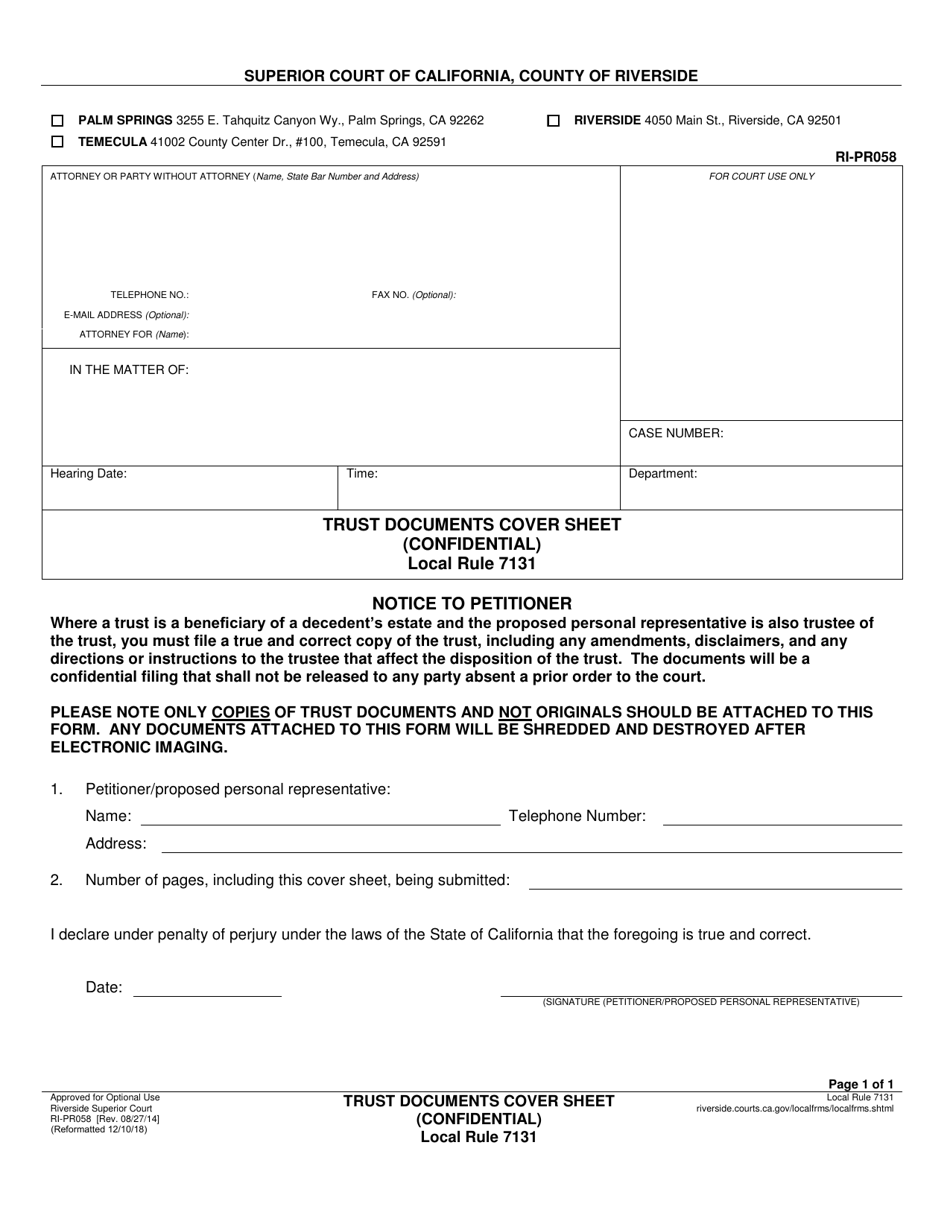 Form RI-PR058 Trust Documents Cover Sheet - County of Riverside, California, Page 1