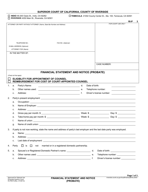 Form RI-PR073 Financial Statement and Notice (Probate) - County of Riverside, California
