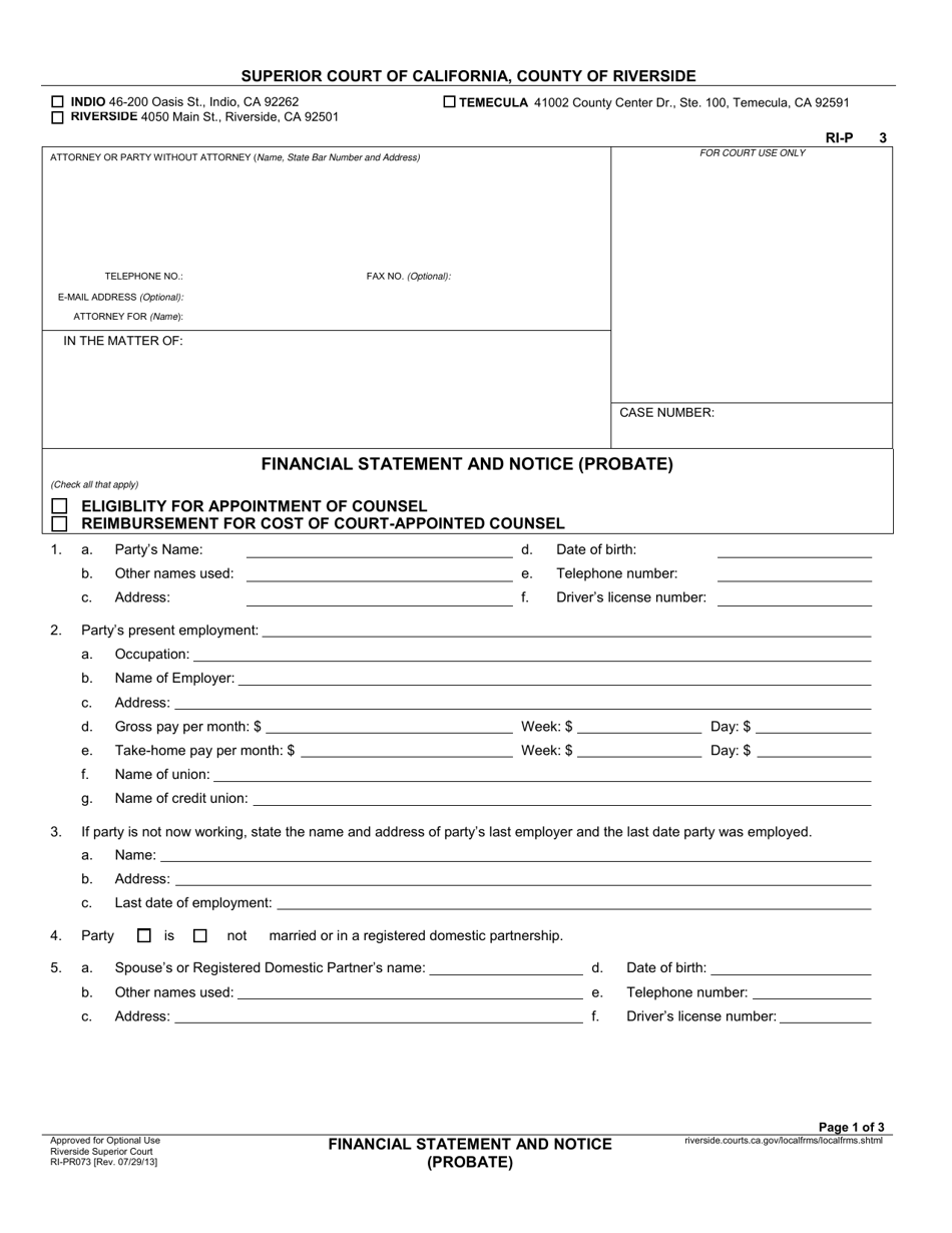 Form RI-PR073 Financial Statement and Notice (Probate) - County of Riverside, California, Page 1