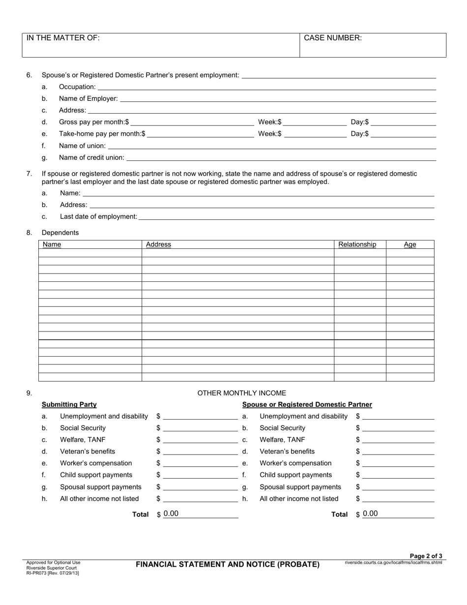 Form RI-PR073 Financial Statement and Notice (Probate) - County of Riverside, California, Page 2
