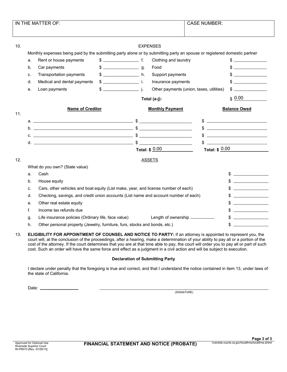 Form RI-PR073 Financial Statement and Notice (Probate) - County of Riverside, California, Page 3