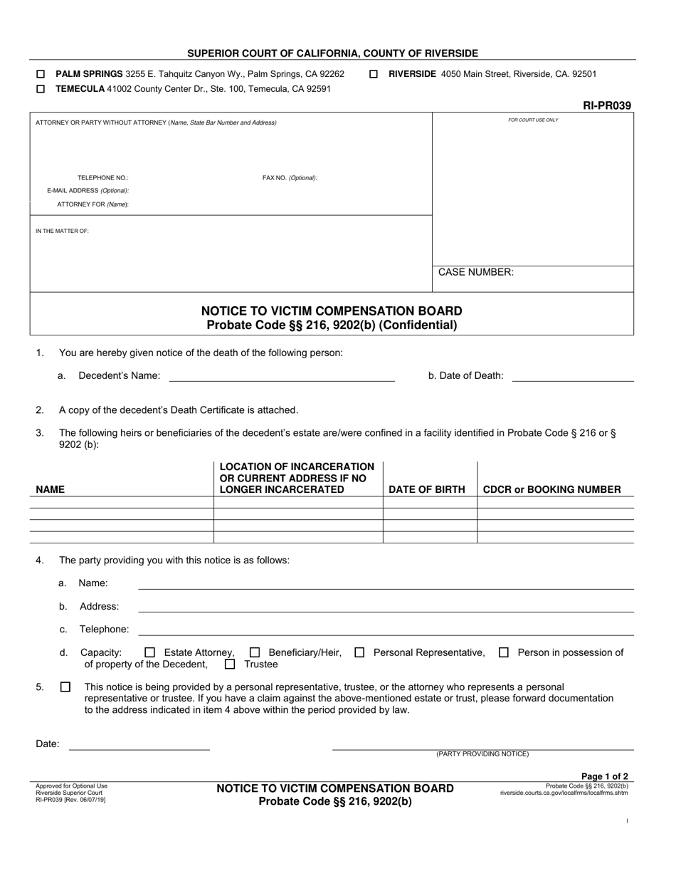 Form RI-PR039 Notice to Victim Compensation Board - County of Riverside, California, Page 1