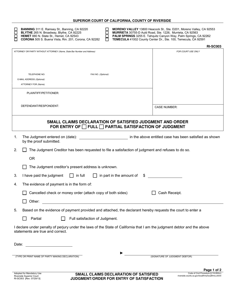 Form RI-SC003 Small Claims Declaration of Satisfied Judgment and Order for Entry of Full / Partial Satisfaction of Judgment - County of Riverside, California, Page 1
