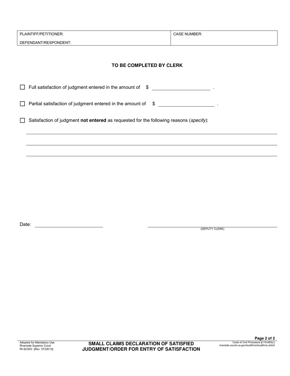 Form RI-SC003 Small Claims Declaration of Satisfied Judgment and Order for Entry of Full / Partial Satisfaction of Judgment - County of Riverside, California, Page 2