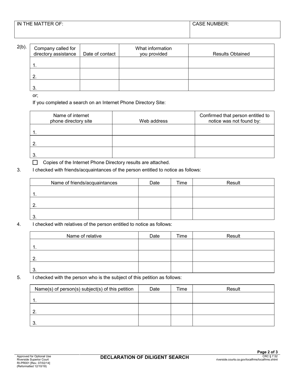 Form RI-PR001 Declaration of Diligent Search - County of Riverside, California, Page 2