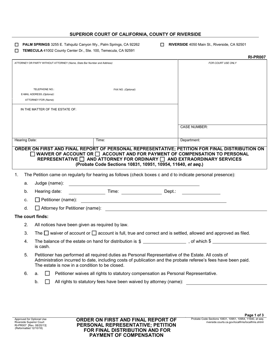 Form RI-PR007 Order on First and Final Report of Personal Representative; Petition for Final Distribution and for Payment of Compensation - County of Riverside, California, Page 1