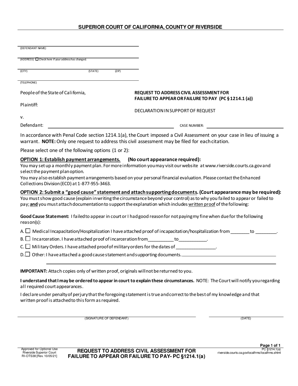 Form RI-OTS38 Request to Address Civil Assessment for Failure to Appear or Failure to Pay - County of Riverside, California, Page 2