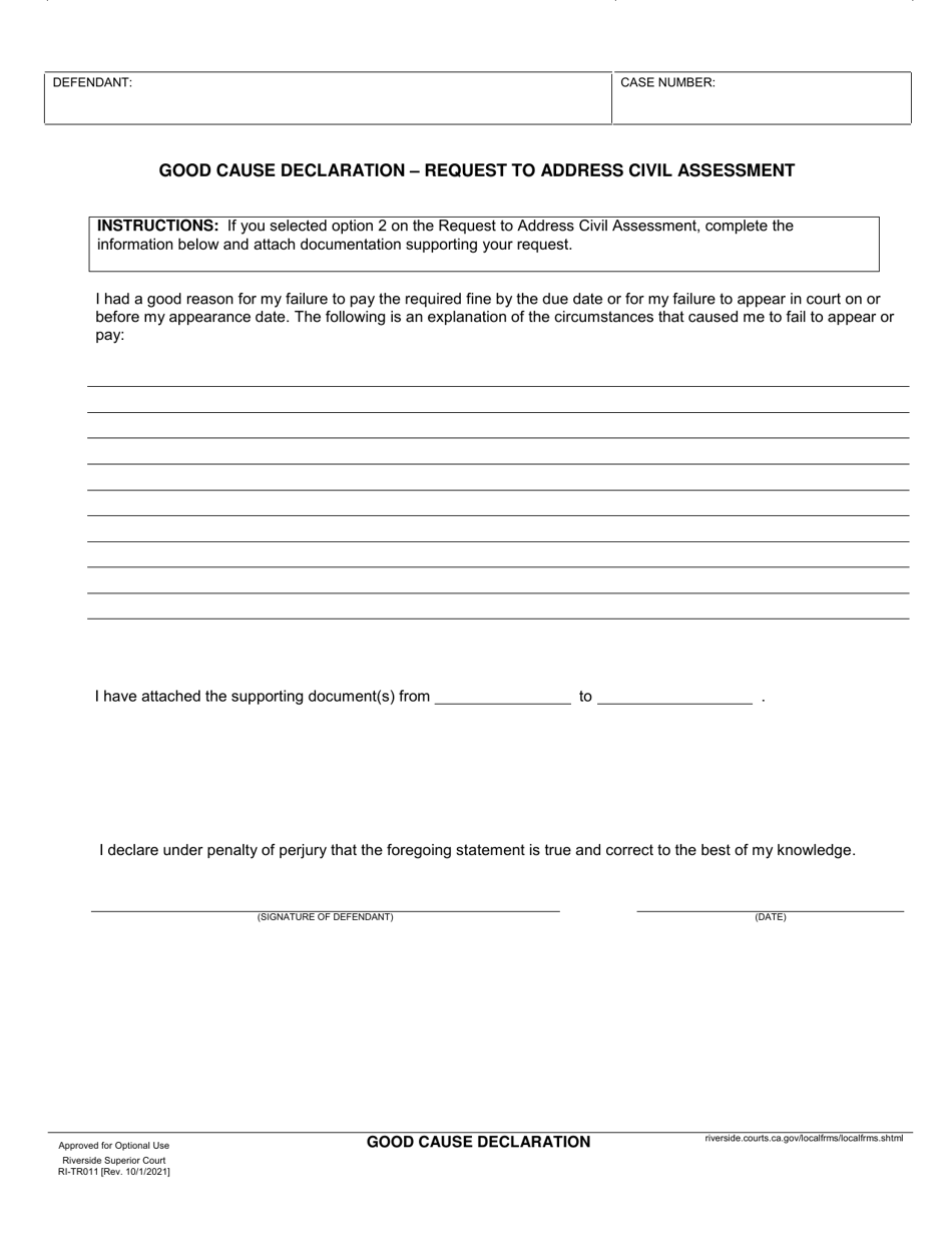 Form RI-TR011 Good Cause Declaration - Request to Address Civil Assessment - County of Riverside, California, Page 1
