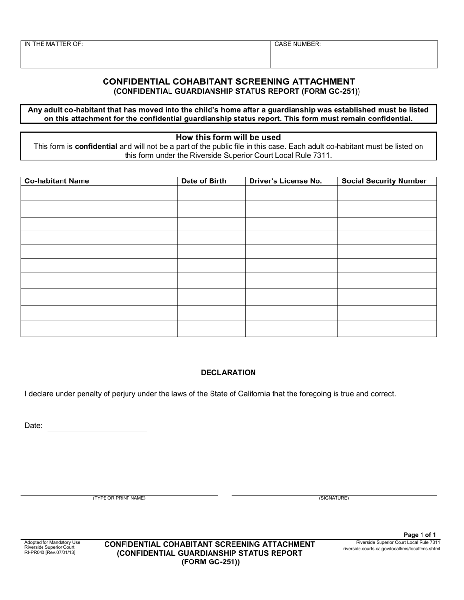 Form RI-PR040 Confidential Cohabitant Screening Attachment - County of Riverside, California, Page 1