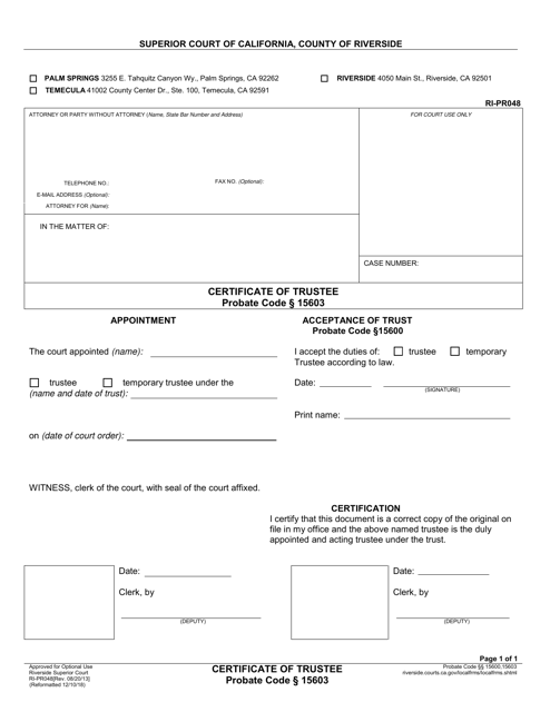 Form RI-PR048 Certificate of Trustee - County of Riverside, California