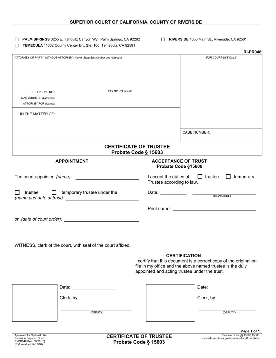 Form RI-PR048 Certificate of Trustee - County of Riverside, California, Page 1