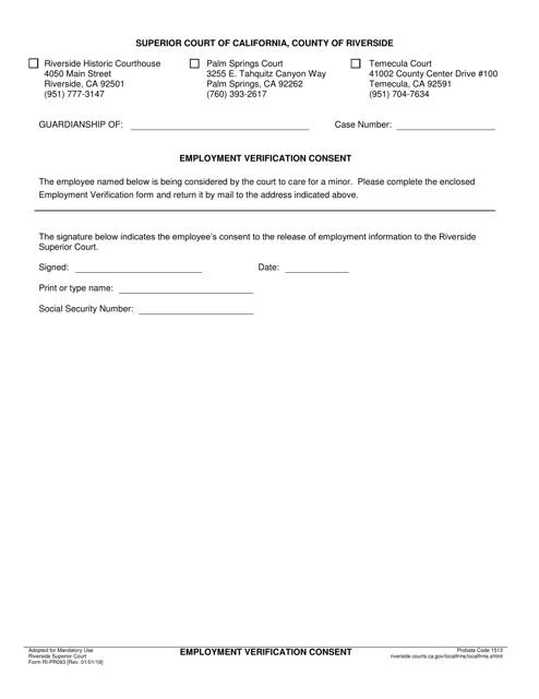 Form RI-PR093 Employment Verification Consent - County of Riverside, California